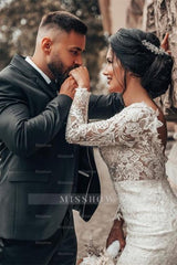 Elegant White Floral Lace Mermaid Spring Wedding Dress Long Sleeves V-Neck Slim Bridal Dresses