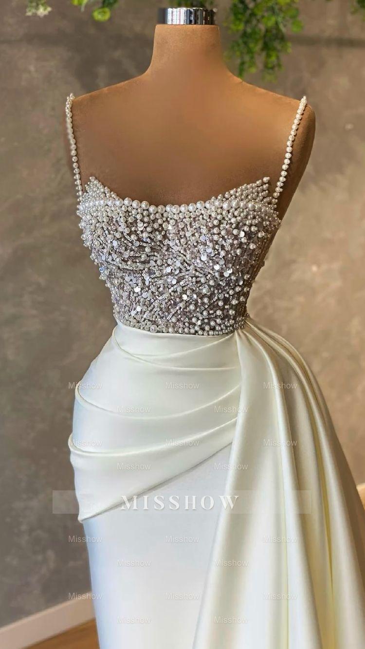 Elegant White Sequined Sleeveless Mermaid Wedding Dresses With Pearl