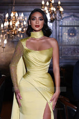 Elegant Yellow One Shoulder Long Sleeve Mermaid Prom Dress With Slit