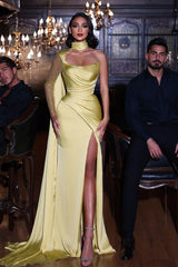 Elegant Yellow One Shoulder Long Sleeve Mermaid Prom Dress With Slit
