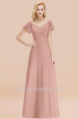 Elegent Short-Sleeve Long Bridesmaid Dresses Yellow Chiffon Wedding Party Dress