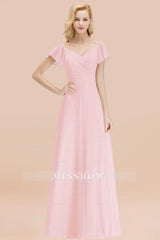 Elegent Short-Sleeve Long Bridesmaid Dresses Yellow Chiffon Wedding Party Dress