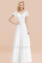 Elegent Short-Sleeve Long Bridesmaid Dresses Yellow Chiffon Wedding Party Dress