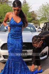 Exquisite Blue Sequins Lace Sleeveless Floor-length Mermaid Prom Dresses