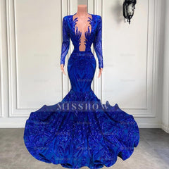 Exquisite Blue V-neck Sequins Long Sleeve Floor-length Mermaid Prom Dresses
