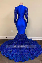Exquisite Blue V-neck Sequins Long Sleeve Floor-length Mermaid Prom Dresses