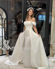 Exquisite Floor Length Off-The-Shoulder A-Line Satin Wedding Dress with Beads
