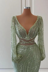 Exquisite Floor Length V-Neck Long Sleeves Mermaid Prom Dress with Sequins