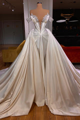 Exquisite Floor Length V-Neck Off-The-Shoulder A-Line Satin Prom Dress with Beads