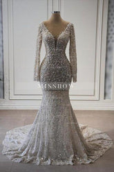 Exquisite Long Mermaid V-neck Lace Long Sleeves Wedding Dress with Pearls