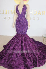 Exquisite Purple V-neck Sequins Sleeveless Floor-length Mermaid Prom Dresses