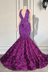 Exquisite Purple V-neck Sequins Sleeveless Floor-length Mermaid Prom Dresses