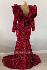 Exquisite Red V-neck Sequins Sleeveless Floor-length Mermaid Prom Dresses
