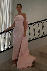 Charming Pink Sequins Sleeveless Strapless Formal Dress With Bowknot