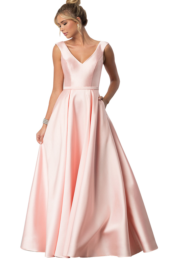 Straps V Neck Sleeveless Long Formal Dress With Pockets Pleated
