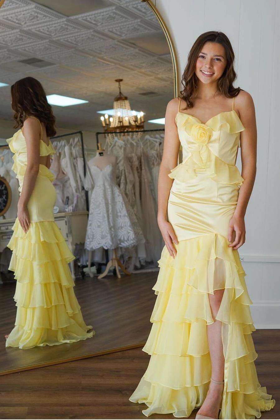 Spaghetti Strap Sleeveless Backless Long Formal Dress With Ruffles