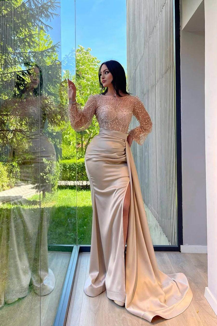 Jewel Neck Long Sleeves Mermaid Split Long Formal Dress With Beading