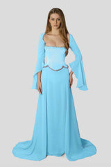 Chiffon Long Sleeves Long Mermaid Formal Dress With Beading Pleated