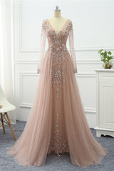 V Neck Long Sleeves Formal Dress Tulle Ruffles With Beading Appliques