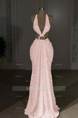 Halter Sleeveless Backless Long Mermaid Formal Dress With Sequins