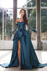 Glamorous Half Sleeves Ink Blue Formal Dress Strapless With High Split Gown