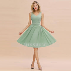 Fabulous A-Line V-Neck Sleeveless Satin Short Bridesmaid Dresses
