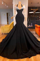 Fabulous Floor Length Long Sleeves Halter Mermaid Prom Dress with Ruffles