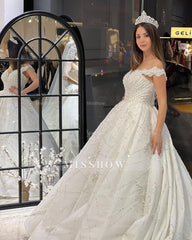Fabulous Floor Length Sweetheart Off-The-Shoulder A-Line Sequined Wedding Dress with Ruffles