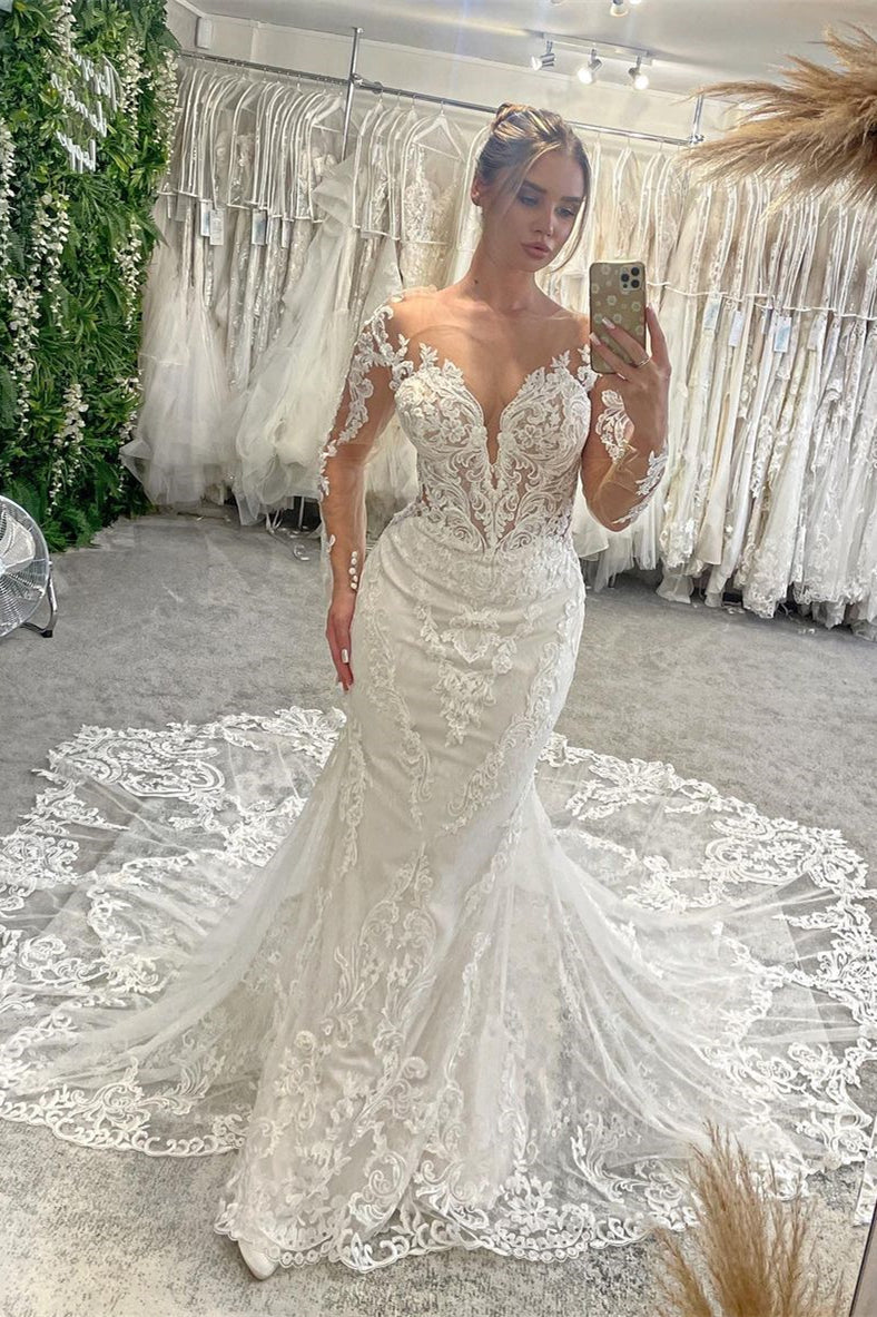 Fabulous Floor Length V-Neck Long Sleeves Mermaid Lace Wedding Dress with Chapel Train
