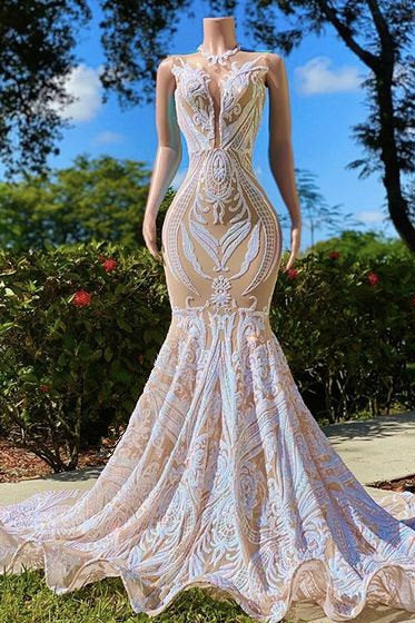 Fabulous High Neck Lace Floor-length Mermaid Prom Dresses