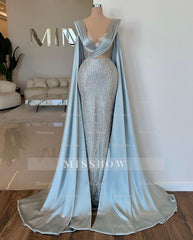 Fabulous Long Blue V-neck Mermaid Sequined Lace Prom Dress With Sleeves