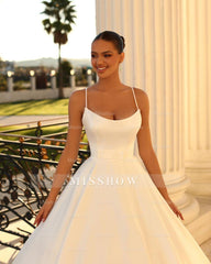 Fabulous Long White A-line Spaghetti Straps Satin Wedding Dress