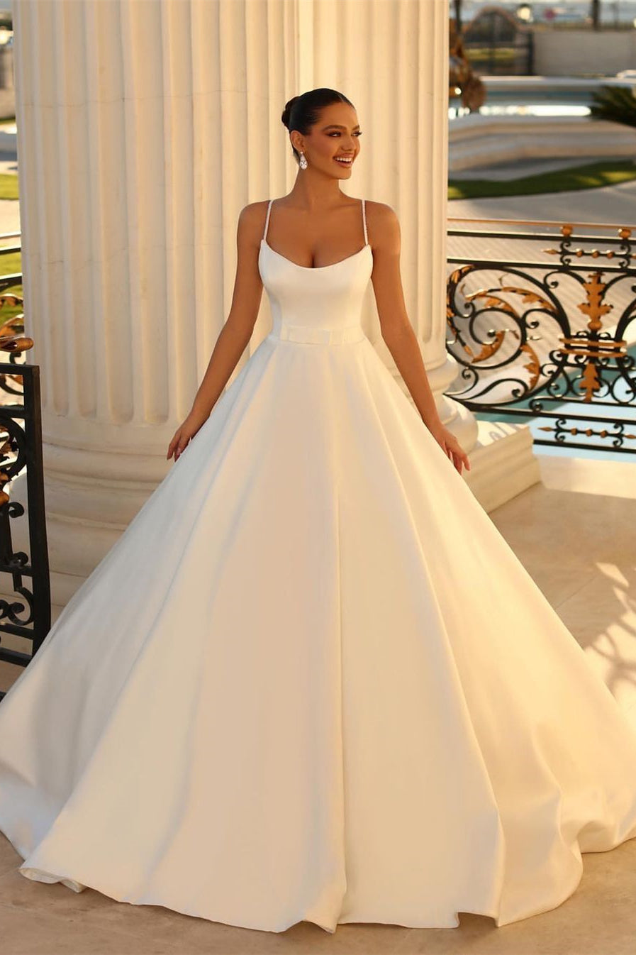 Spaghetti strap satin wedding dress hotsell