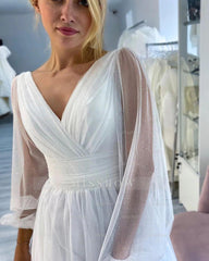 Fabulous Long White A-line V-neck Long Sleeves Glitter Wedding Dress With Slit