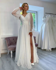 Fabulous Long White A-line V-neck Long Sleeves Glitter Wedding Dress With Slit