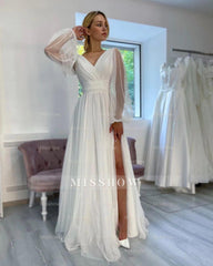 Fabulous Long White A-line V-neck Long Sleeves Glitter Wedding Dress With Slit