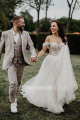 Fabulous Off-the-shoulder Sleeveless A-Line Tulle Wedding Dresses with Appliques