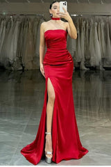 Strapless Sleeveless Mermaid High Split Long Formal Dress With Pleated