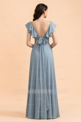 Fashion Dusty Blue Chiffon Sweetheart Slit Bridesmaid Dresses with Ruffles