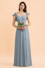 Fashion Dusty Blue Chiffon Sweetheart Slit Bridesmaid Dresses with Ruffles