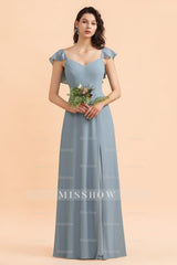 Fashion Dusty Blue Chiffon Sweetheart Slit Bridesmaid Dresses with Ruffles