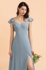 Fashion Dusty Blue Chiffon Sweetheart Slit Bridesmaid Dresses with Ruffles