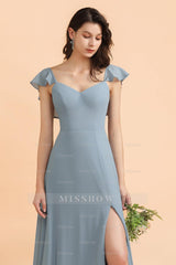 Fashion Dusty Blue Chiffon Sweetheart Slit Bridesmaid Dresses with Ruffles