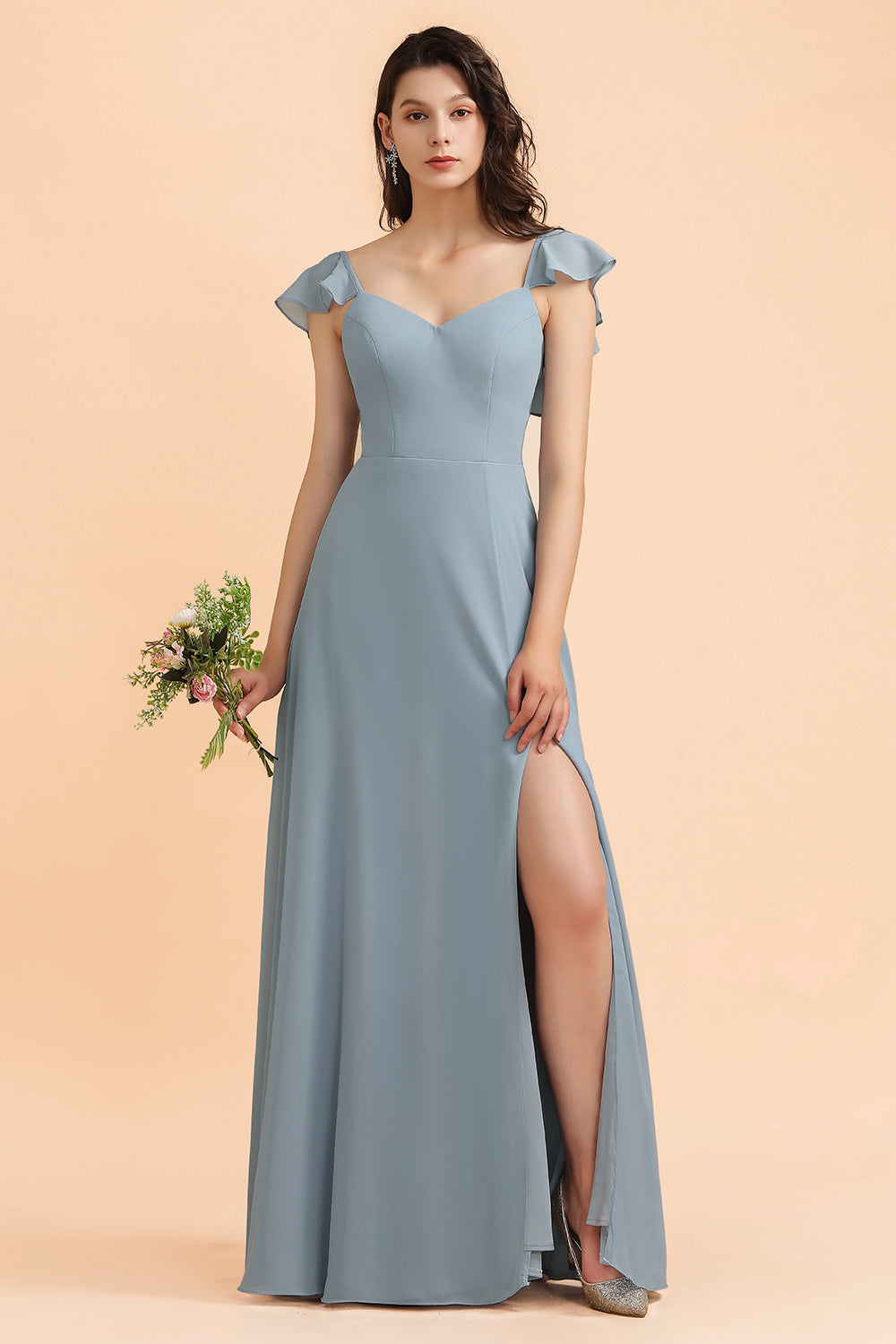 Fashion Dusty Blue Chiffon Sweetheart Slit Bridesmaid Dresses with Ruffles