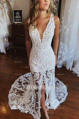 Fashion Spaghetti Straps Lace Mermaid Wedding Gowns With Slit