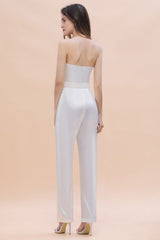 Fashion Strapless Satin Sleeveless Bridesmaid Jumpsuit with Beading Flowers On Sale