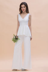 Fashion V-Neck Lace Side Slit Bridesmaid Jumpsuits with Hollowout On Sale