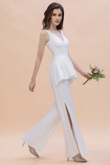 Fashion V-Neck Lace Side Slit Bridesmaid Jumpsuits with Hollowout On Sale