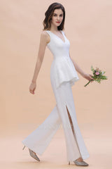 Fashion V-Neck Lace Side Slit Bridesmaid Jumpsuits with Hollowout On Sale