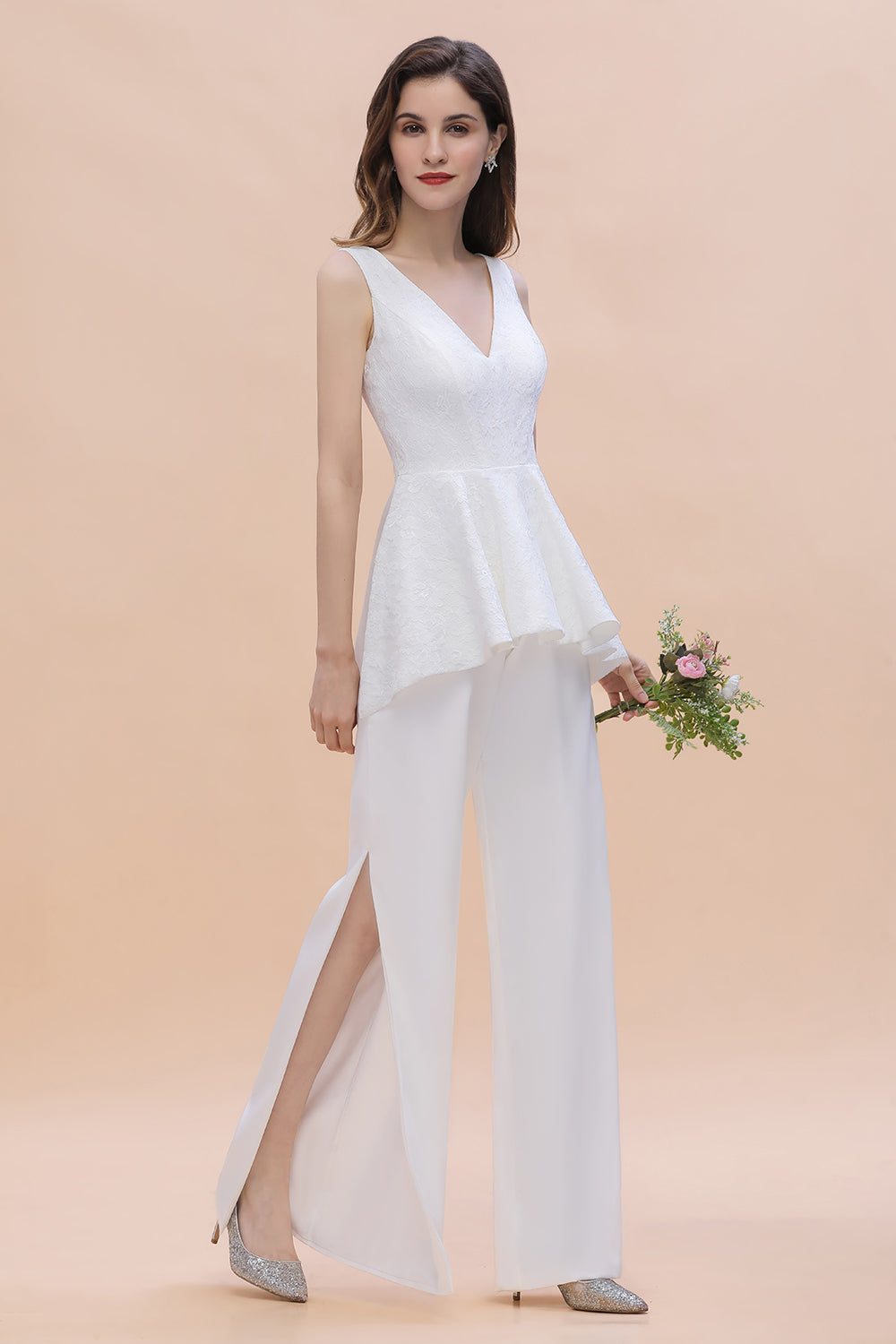 Fashion V-Neck Lace Side Slit Bridesmaid Jumpsuits with Hollowout On Sale